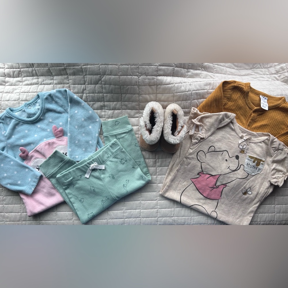 Baby Girl 6-9 Months Mixed 6 Piece Lot, Carter Baby Disney + Other Clothes/Boots